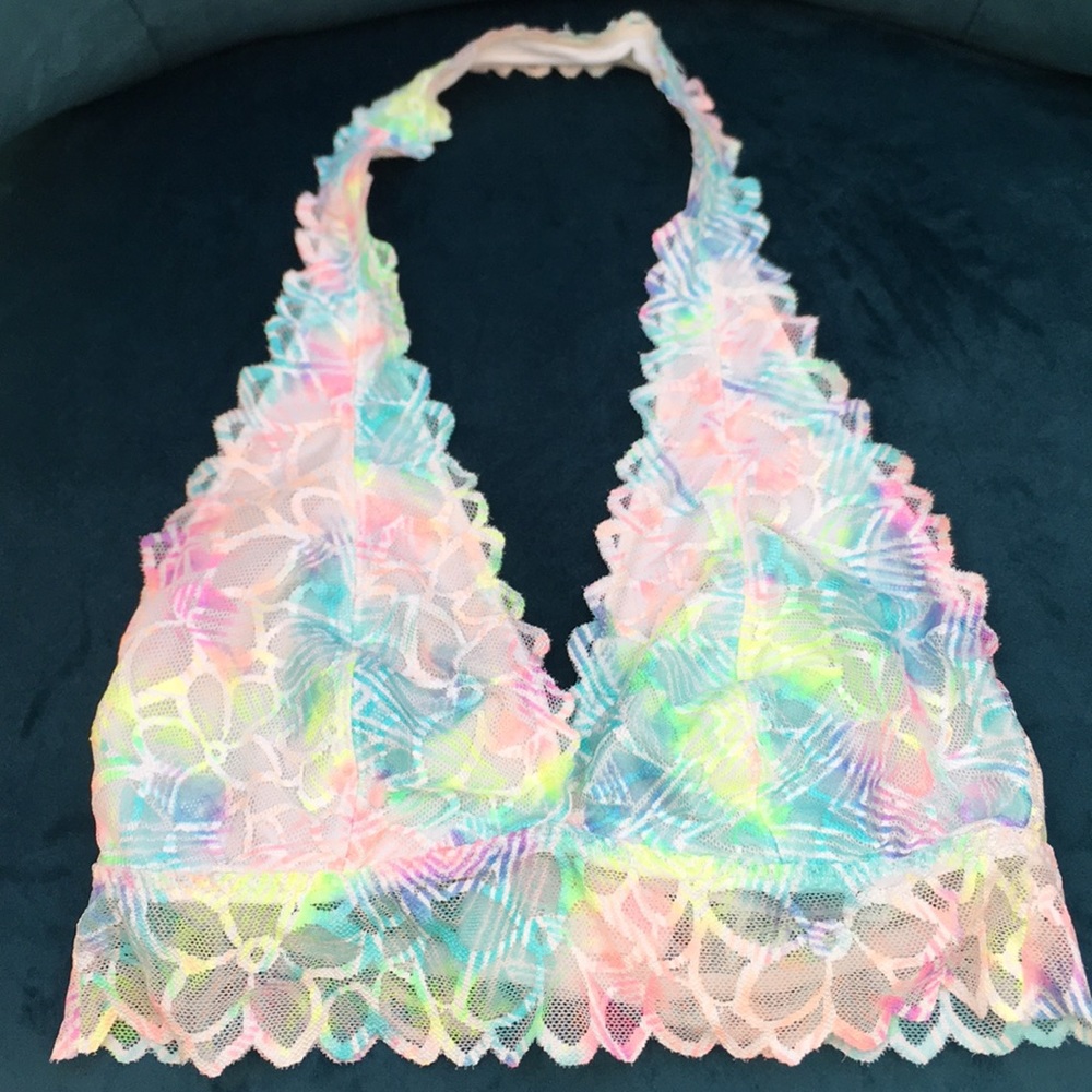 Women’s VS Pink Lined Lace Pastel Floral Print Halter Bralette
